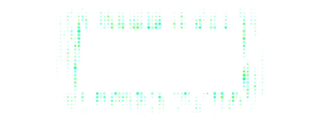 Fototapeta premium Abstract digital frame with glowing green and blue dots on a transparent background, symbolizing data, technology, and futuristic concepts.
