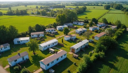 Aerial overview shows tranquil manufactured house community near green farm fields. Landscape shows residences farmland mix. Rural neighborhood shows natural harmony in suburb. Mobile home