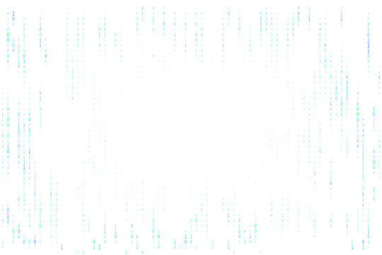 Abstract digital rain of green and blue binary code falling on a transparent background, symbolizing data, technology, and the cyber world.