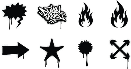 Collection of Black Graffiti Style Icons and Symbols with Dripping Effect.