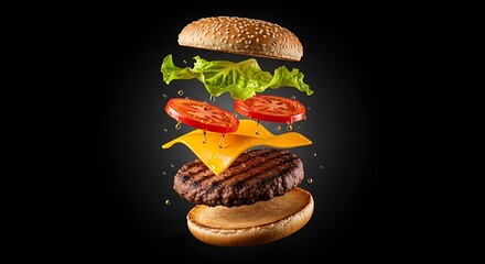 Delicious flying hamburger with fresh ingredients isolated on a black background