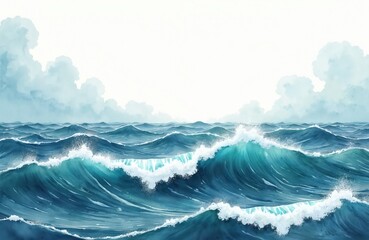 Fototapeta premium Watercolor illustration of stormy sea with big blue waves and white clouds in sky. Ocean landscape with rough water and cloudy weather. Artistic painting of seascape with turbulent sea and white foam.