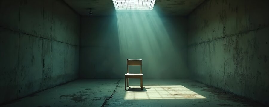 Empty interrogation room with one chair under harsh overhead light beams from ceiling grate. Dark, stark concrete walls create a somber atmosphere for questioning or solitary confinement.