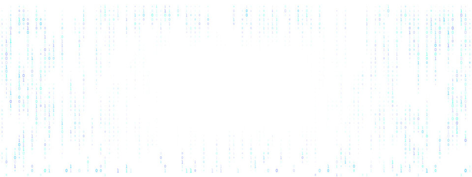 Digital rain of glowing green and blue binary code falling on a transparent background, symbolizing data, technology, and virtual reality concepts.