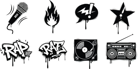 Graffiti Style Icons Representing Hip Hop Culture and Music Elements.