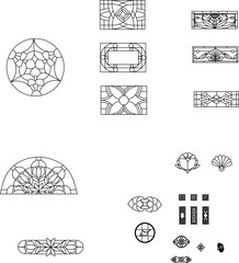 Minimalist line art collection of ornate geometric and floral patterns for windows, frames, and decorative elements — ideal for architectural or graphic design projects. © Riki