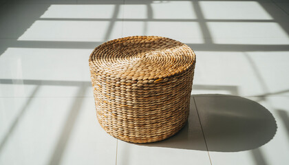 Woven Round Stool in Natural Fibers with Geometric Shadows