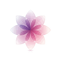 Abstract geometric flower logo with eight petals in a purple and pink gradient. Shiny crystal vector illustration isolated on white background