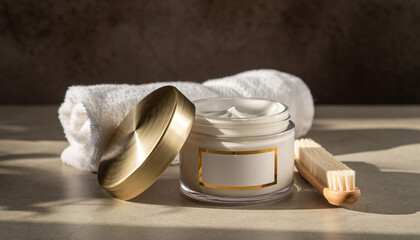 Luxury cosmetic cream jar with a golden lid and soft towel, representing a serene spa and skincare routine