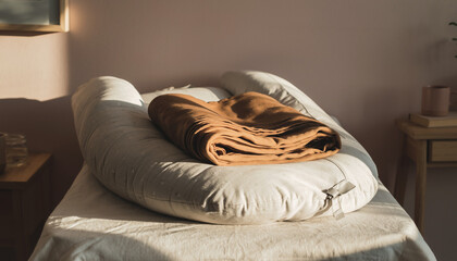 Comfortable bed with blanket and pillow in a cozy bedroom with sunlight and simple furniture