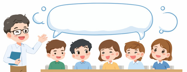 Professor ensinando e alunos atentos em sala de aula com balão de fala vazio para texto