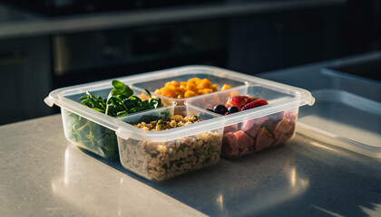 Healthy and convenient meal prep container filled with fresh, nutritious food portions for a balanced diet and easy eating on the go, perfect for modern lifestyles and mindful eating habits