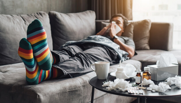 Man sick in bed on sofa with tissues, medication, and hot drink, feeling unwell and recovering