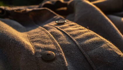 Close-up of a textured fabric shirt with buttons, bathed in warm sunlight, highlighting the garment's detail and material
