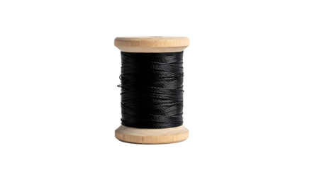 Wooden spool of black thread, isolated on transparent background