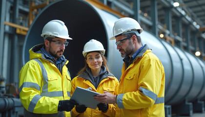 Three engineers in yellow jackets, white hard hats stand in pipe manufacturing factory. Discuss project details using digital tablet. Large metal pipes assembled in background. Team collaboration in
