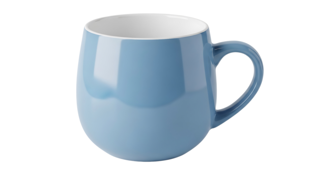 A light blue ceramic mug with a white interior isolated on transparent background