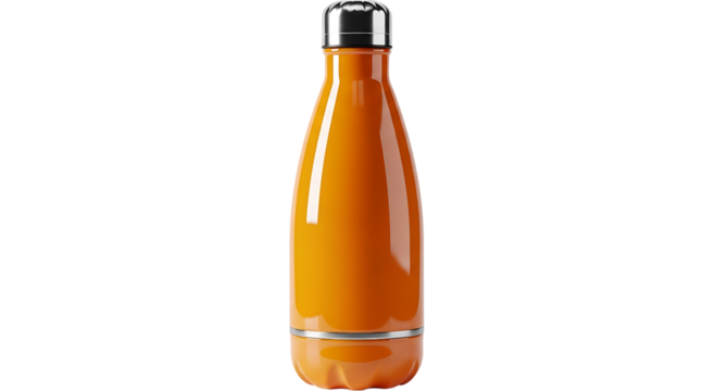 Orange reusable water bottle with silver cap and base, isolated on transparent background