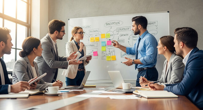 A dynamic team of business professionals collaborating and strategizing around a table, using sticky notes and a whiteboard to visualize their ideas and plans