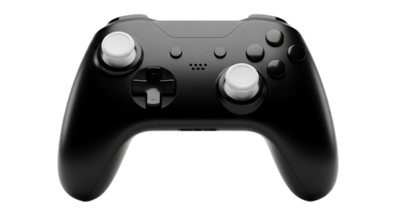A black video game controller isolated on transparent background
