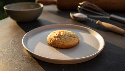 A single, perfectly golden-baked cookie sits invitingly on a simple ceramic plate, accompanied by traditional baking implements in a warm, naturally lit setting, symbolizing homemade culinary delight