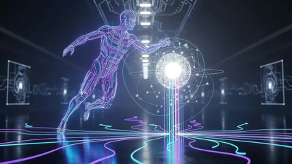 Futuristic digital human figure running through a neonlit data stream in a futuristic environment - Powered by Adobe