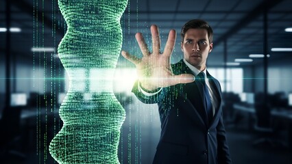 A man in a suit reaches towards a digital DNA strand with binary code background