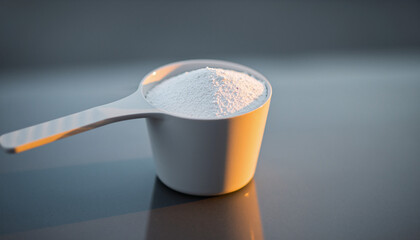 White powder in a scoop, illuminated for contrast and texture detail