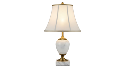 Elegant white marble table lamp with a cream fabric shade, isolated on transparent background