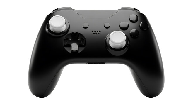 A black video game controller isolated on transparent background