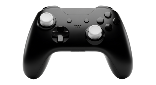 A black video game controller isolated on transparent background