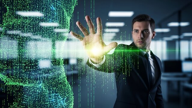 A man in a suit reaches out to a 3D green digital human figure with glowing light