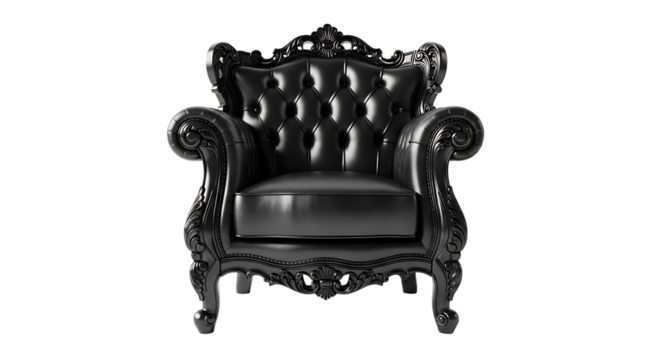 Ornate black armchair with tufted upholstery isolated on transparent background