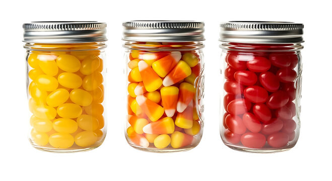 Three glass jars filled with colorful candies isolated on transparent background