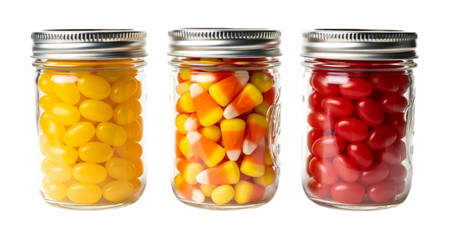 Three glass jars filled with colorful candies isolated on transparent background