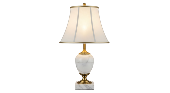 Elegant white marble table lamp with a cream fabric shade, isolated on transparent background