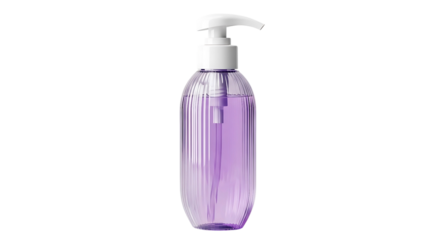 A clear bottle with purple liquid and a pump dispenser isolated on transparent background