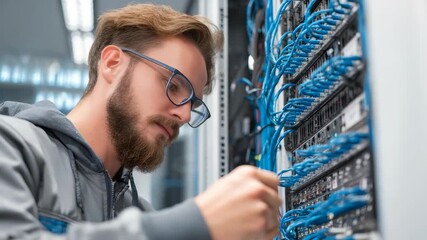 Focused network engineer organizes, connects cables in high tech data center environment. Professional ensures seamless server operation, reliable internet infrastructure for business needs