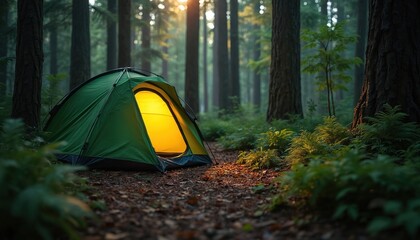 Green tent glows with warm light set within a dark, dense forest. Sunbeams pierce through tall trees onto lush green ferns and a dirt path creating an inviting campsite scene.