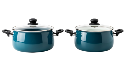 Two teal enamel pots with glass lids isolated on transparent background