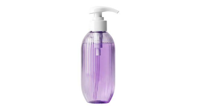 A clear bottle with purple liquid and a pump dispenser isolated on transparent background