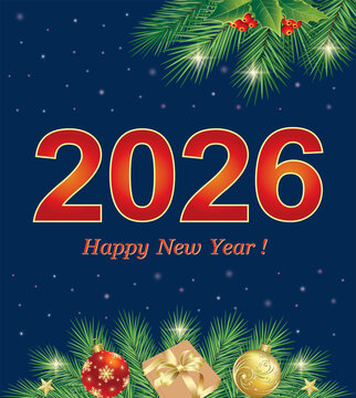Hapy New Year 2026. Christmas background with holiday decorations of Christmas balls on fir branches and gift boxes. Luxury festive design. Vector illustration 