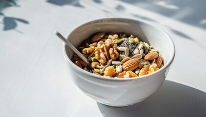 Wholesome Mixed Nuts and Seeds in a Bowl A Delicious and Nutritious Breakfast or Snack Option