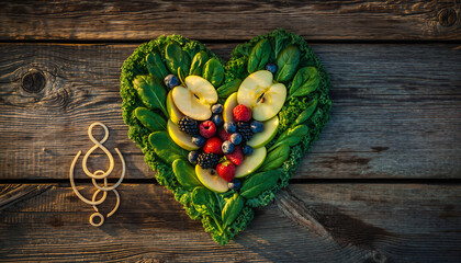 Healthy Heart Shape Composition of Fruits and Vegetables on a Rustic Wooden Background
