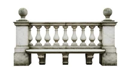 Stone balustrade with decorative urns on top, isolated on transparent background