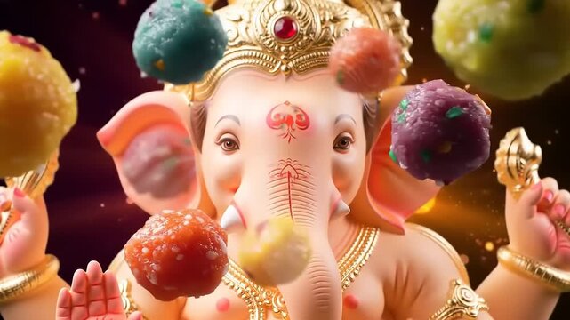 Indian God Ganesh statue with sweets.