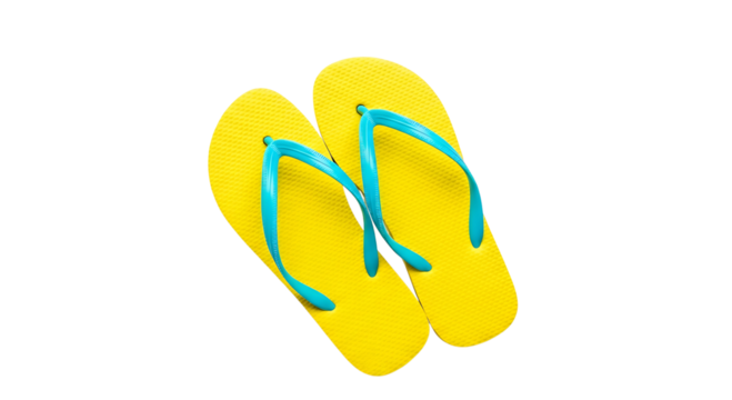 Pair of bright yellow flipflops with blue straps, isolated on transparent background