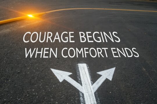 Road with arrows and inspiring quote about courage