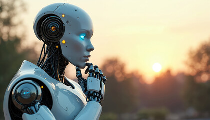 Pensive humanoid robot contemplates in nature at sunset. Thoughtful android ponders future, evolution tech. AI innovation, advanced machinery on blurred background. Concept for futuristic design,