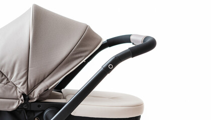 Close-up detail of a modern and stylish baby stroller's ergonomic handle and protective sun canopy, showcasing quality design for comfortable infant travel and daily family walks